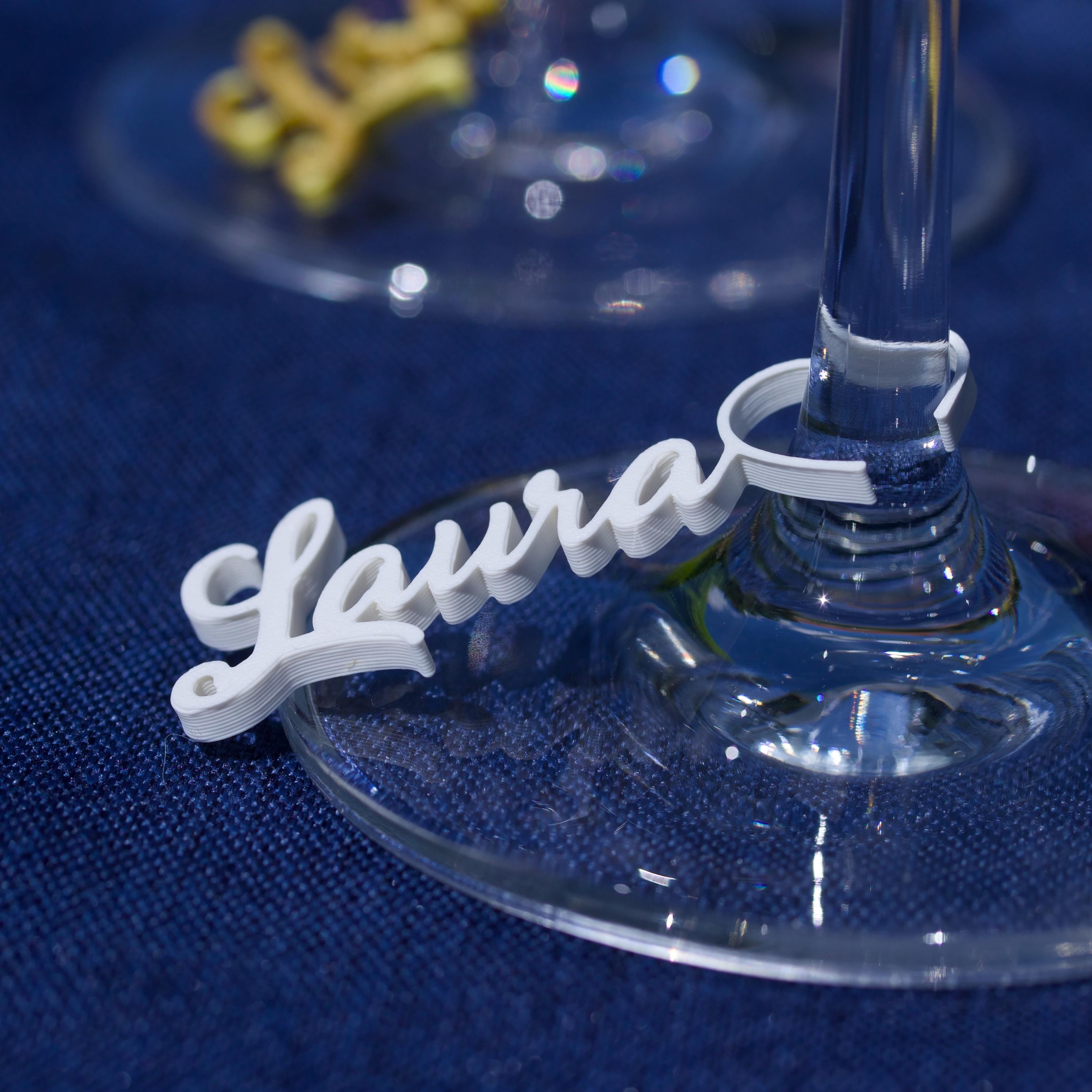 Namensschilder Glas Hochzeit – Platzkarte, Glasmarkierer & Gastgeschenk in einem – personalisiert, 3D-gedruckt, individuell