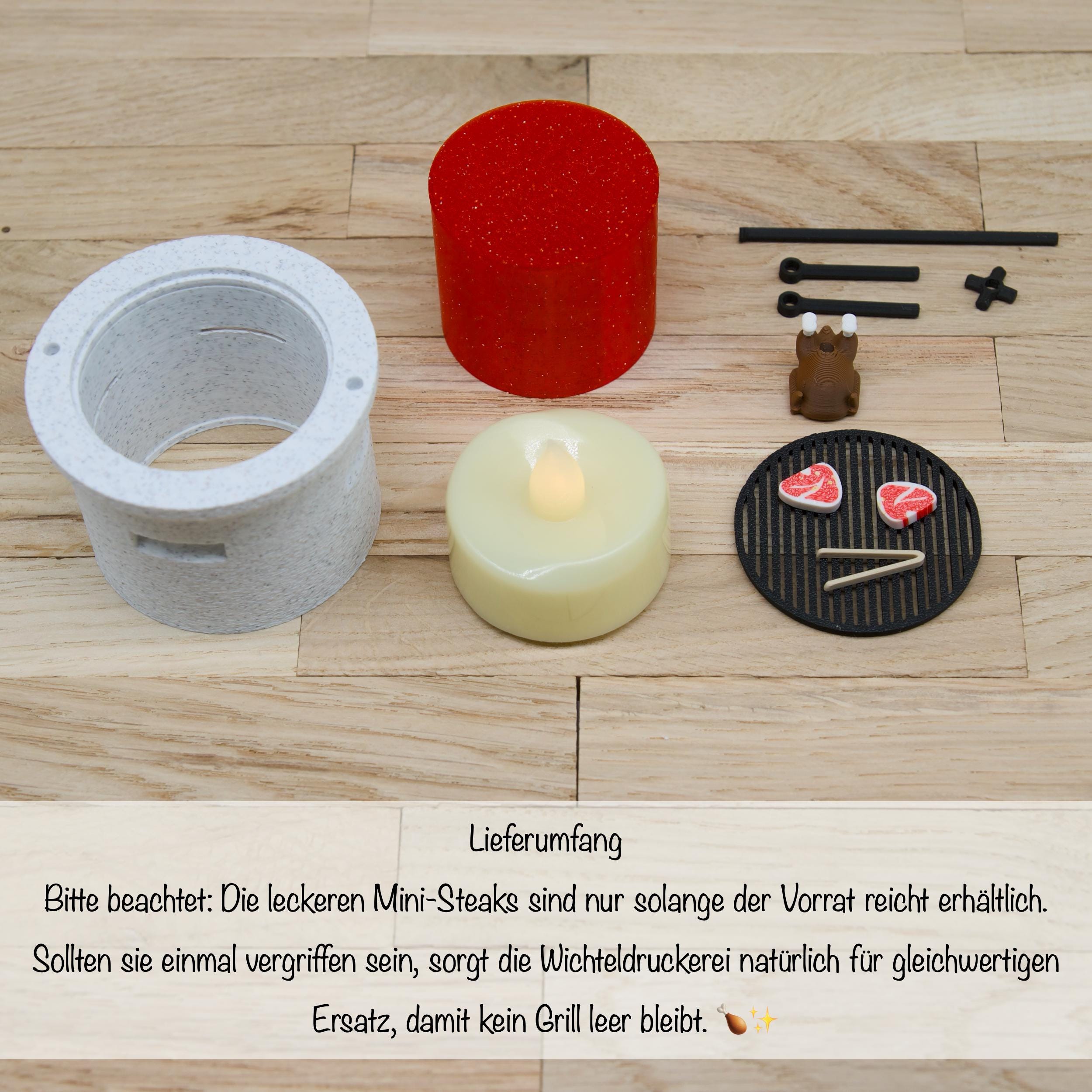 Wichtel Grill mit LED Licht – Miniatur BBQ Deko in Marmor Optik – Wichtelwelt Zubehör mit Hähnchen, Steaks & Grillzange
