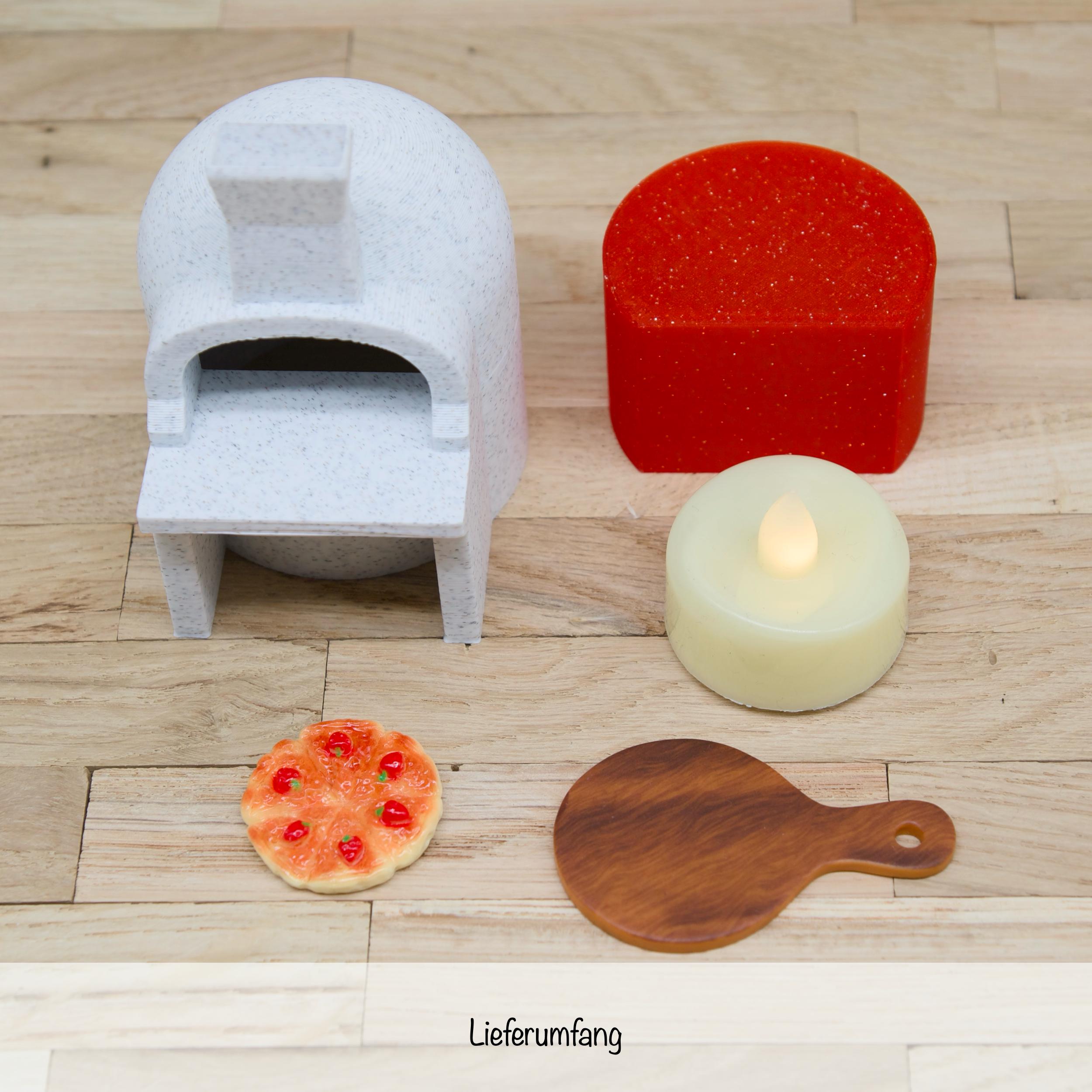 Wichtel Pizzaofen beleuchtet | Mini Pizza-Ofen mit LED-Teelicht | Marmoroptik | inkl. Pizzaschieber & Pizza | Zubehör für Wichteltür