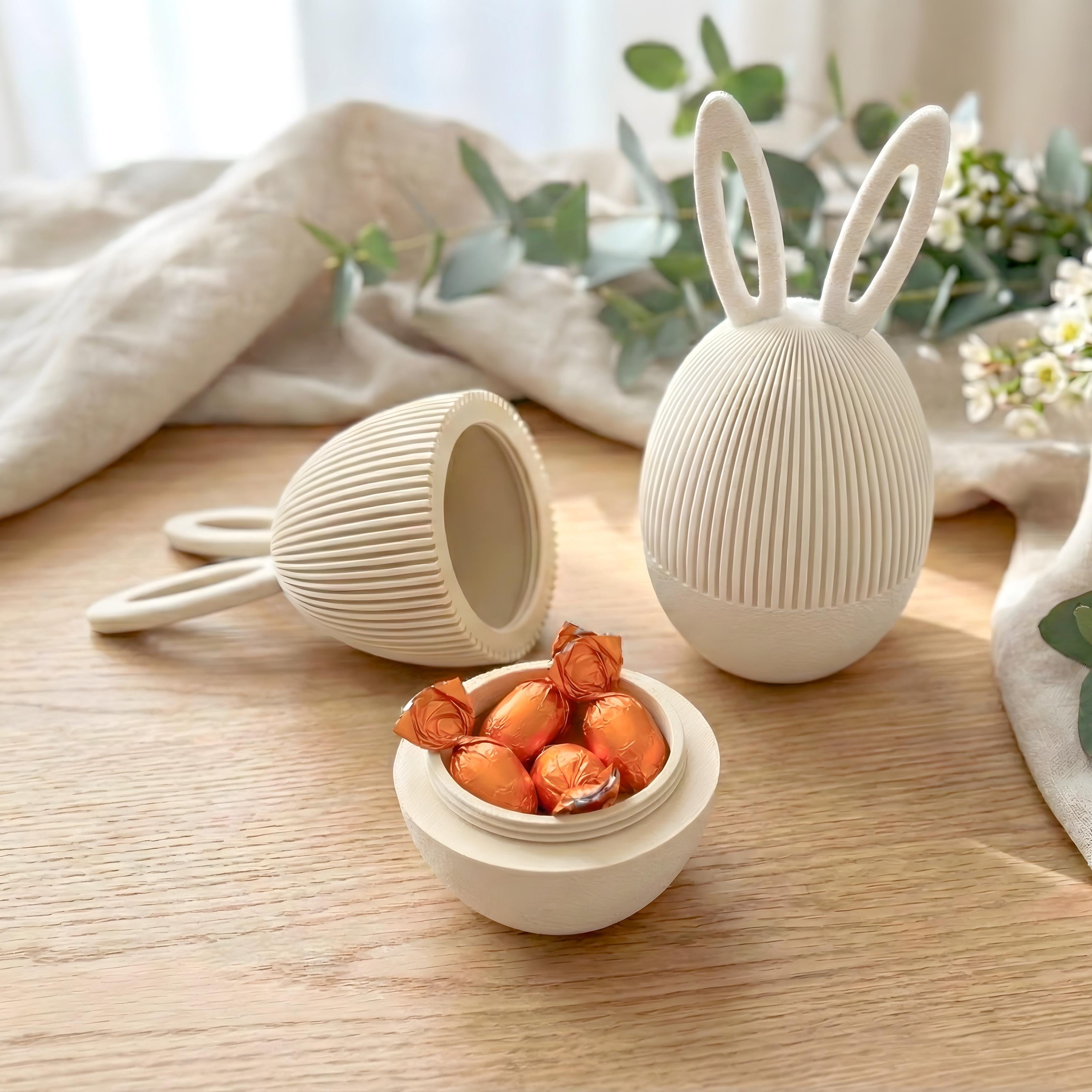 Japandi Osterei mit Hasenohren | Moderne Osterdeko Minimalistisch | 3D Druck Aufbewahrung mit Schraubverschluss | Ostern Geschenk Verpackung