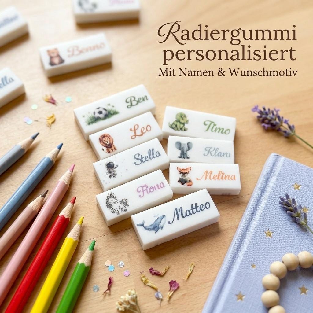 Personalisierter Radiergummi mit Namen & Motiv – Geschenk zur Einschulung, Schulanfang, Schultüte, Schule