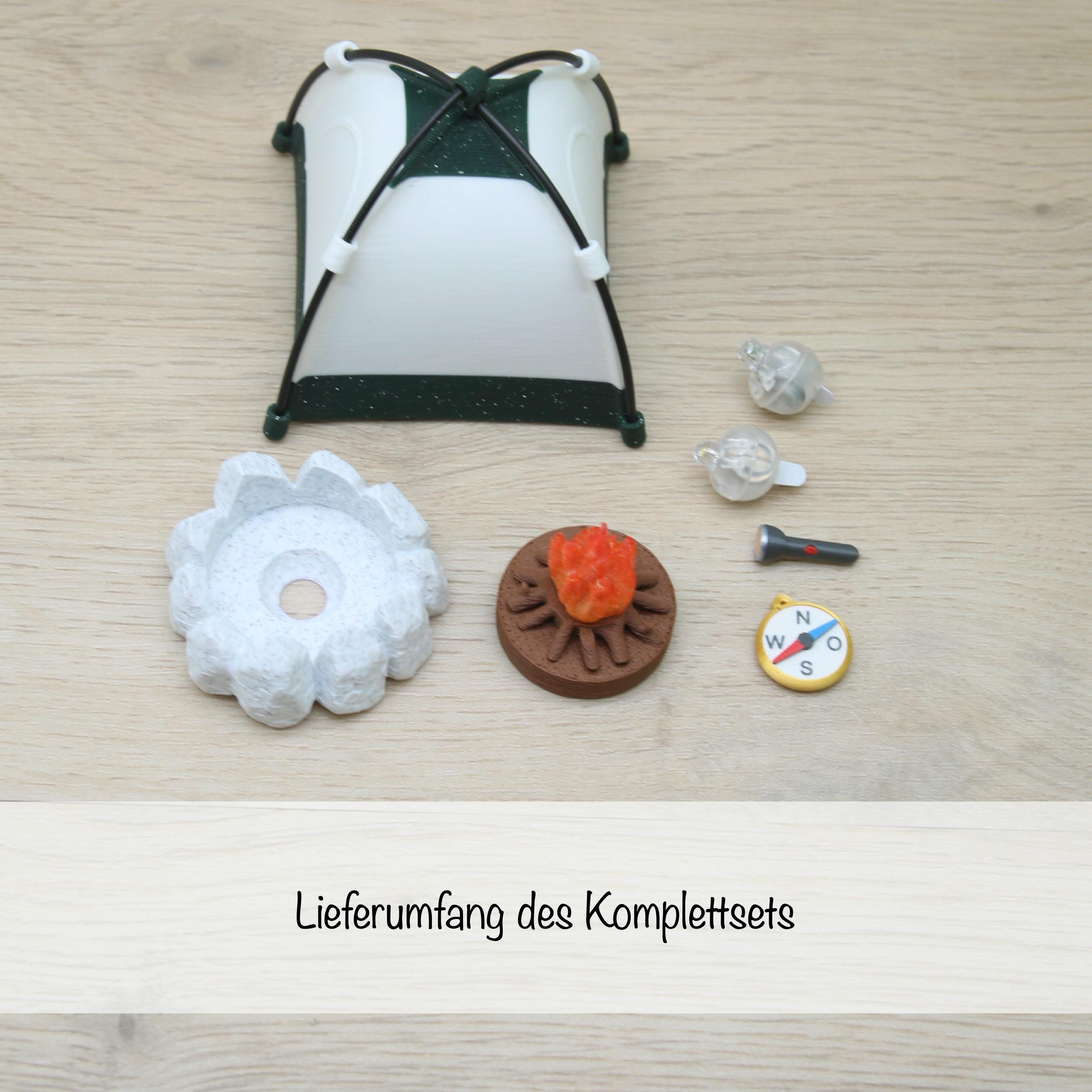 Wichtel Camping Set mit leuchtendem Zelt | Wichtelzubehör mit Lagerfeuer, Kompass & Taschenlampe | Mini Camping Wichtel