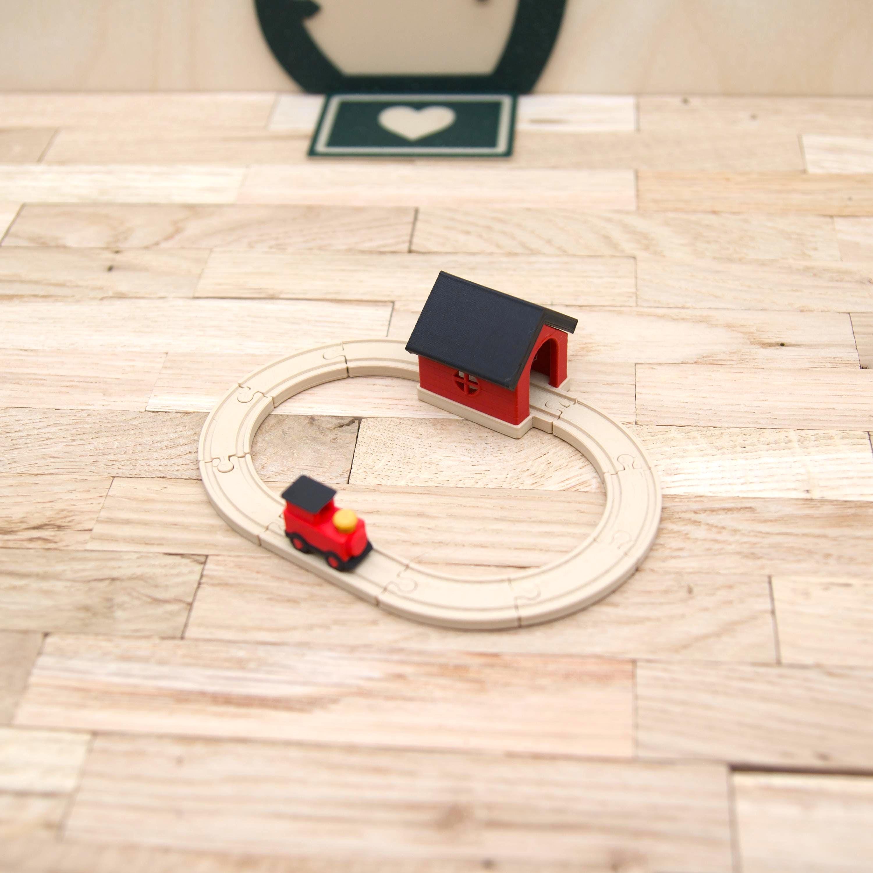 Mini Holzeisenbahn für Wichtel | Spielzeug aus PLA mit Schienen & Häuschen | 3D Druck Deko | Miniatur Bahnset für Wichteltür und Puppenhaus