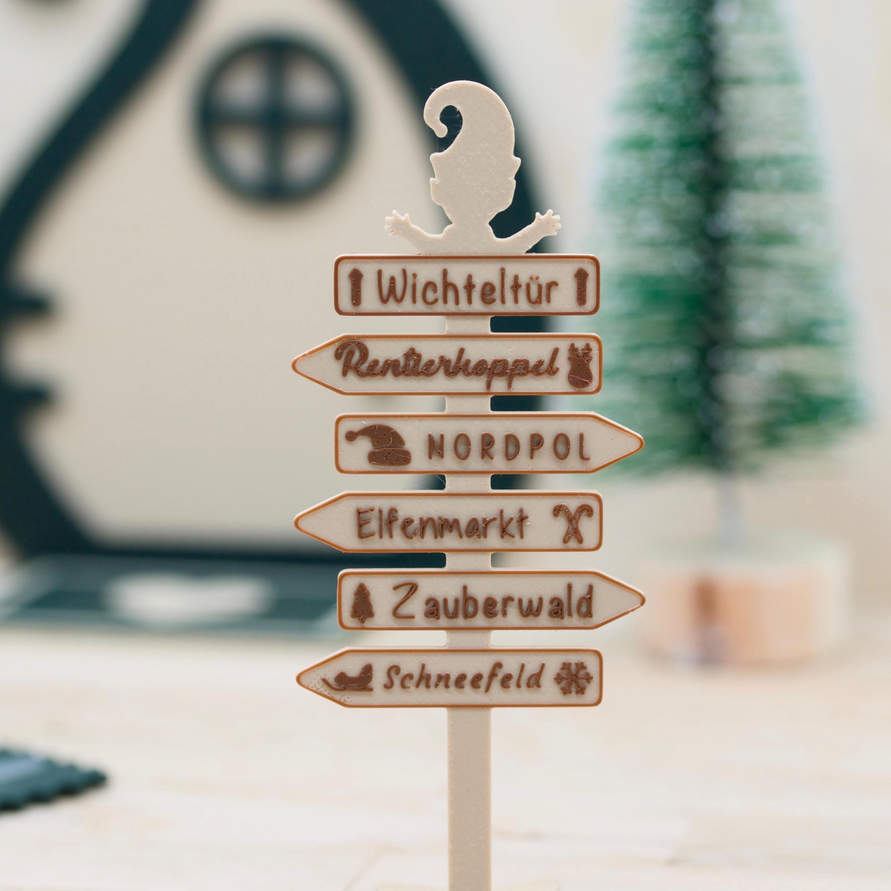 Wichtel Wegweiser Miniatur | 6 magische Orte mit Piktogrammen | 3D Druck Deko | Stern-Standfuß | Zubehör für Wichteltür