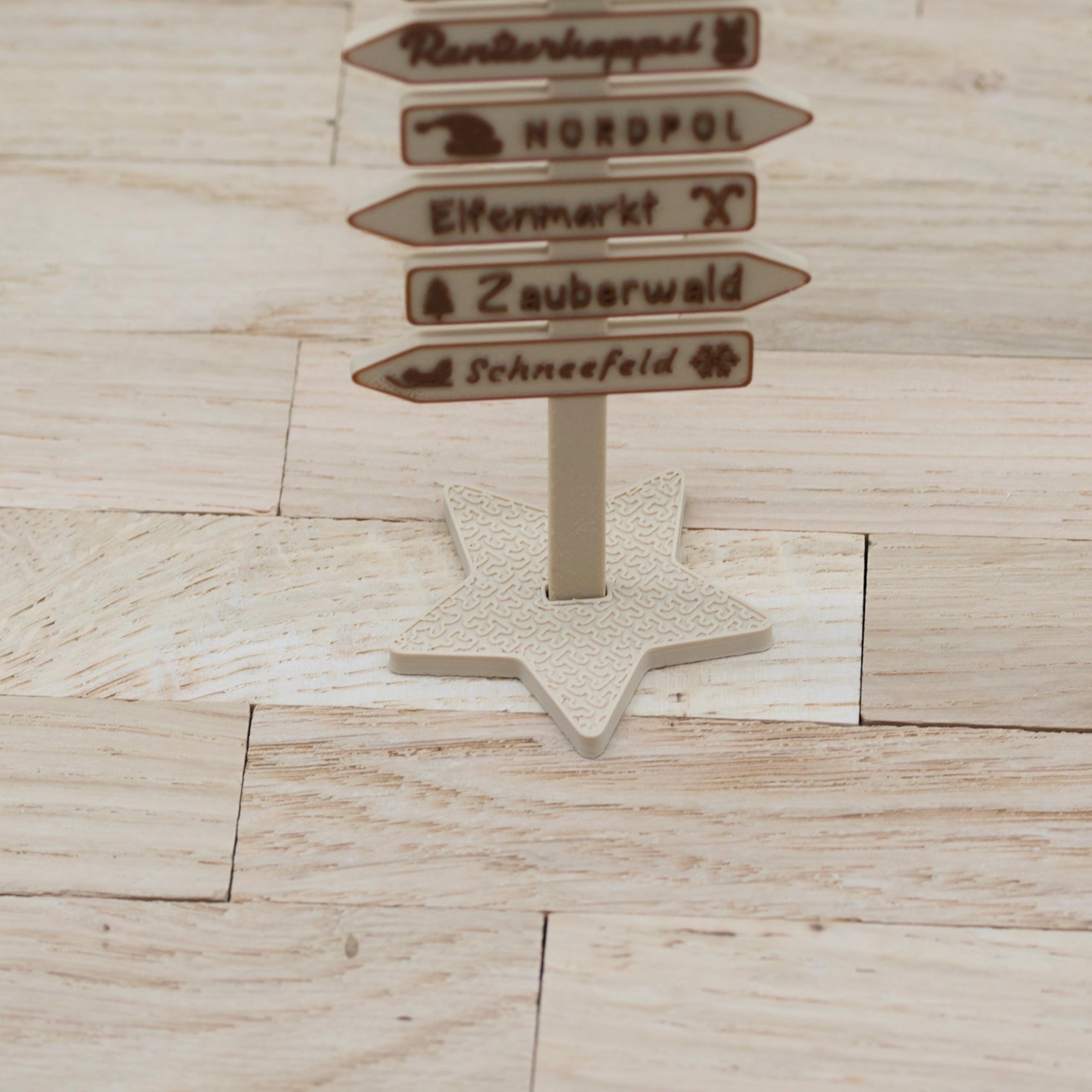Wichtel Wegweiser Miniatur | 6 magische Orte mit Piktogrammen | 3D Druck Deko | Stern-Standfuß | Zubehör für Wichteltür