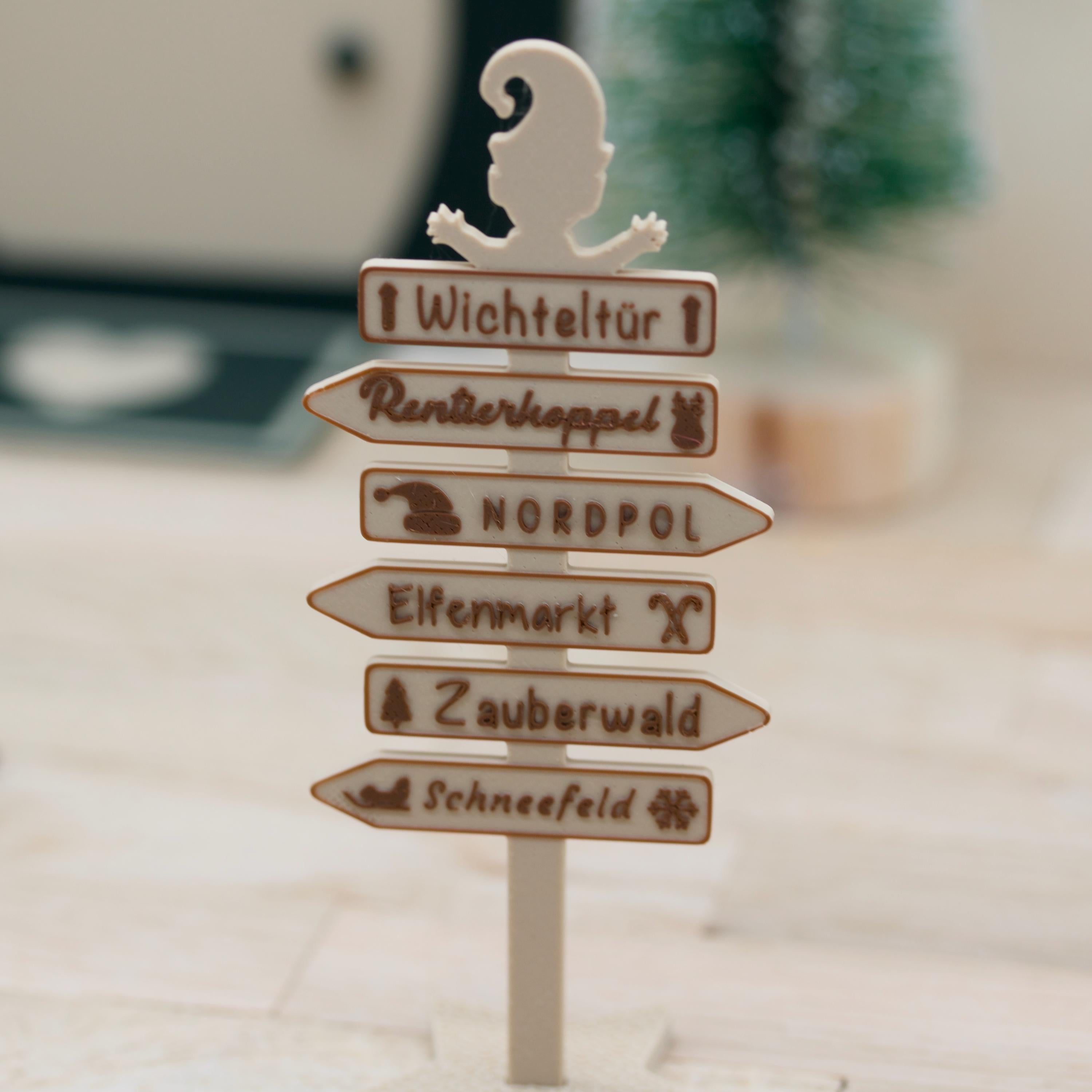 Wichtel Wegweiser Miniatur | 6 magische Orte mit Piktogrammen | 3D Druck Deko | Stern-Standfuß | Zubehör für Wichteltür