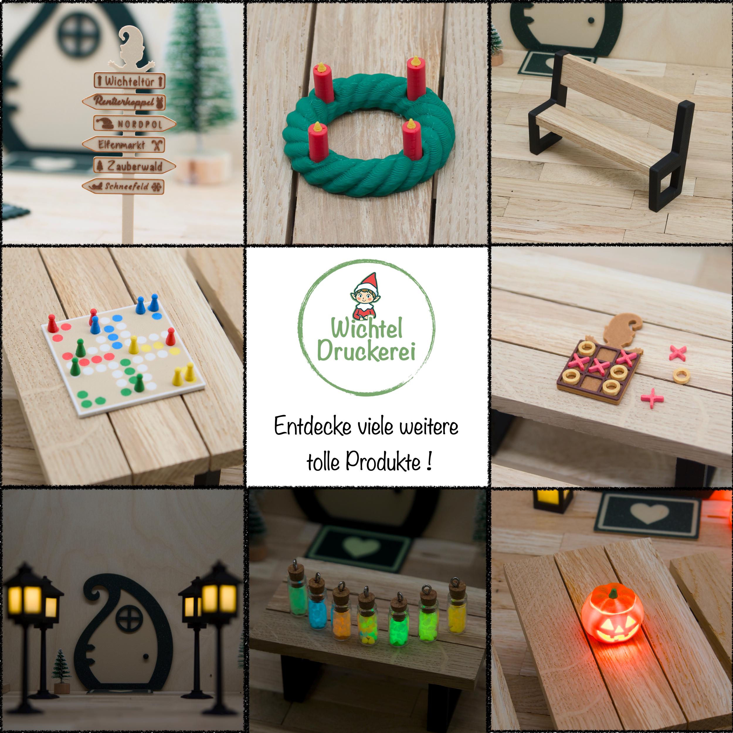 Wichtel Sitzbank mit Lehne | Miniatur-Bank aus Holz und 3D-Druck | optional mit Tisch | personalisierbar mit Namen | Zubehör für Wichteltür