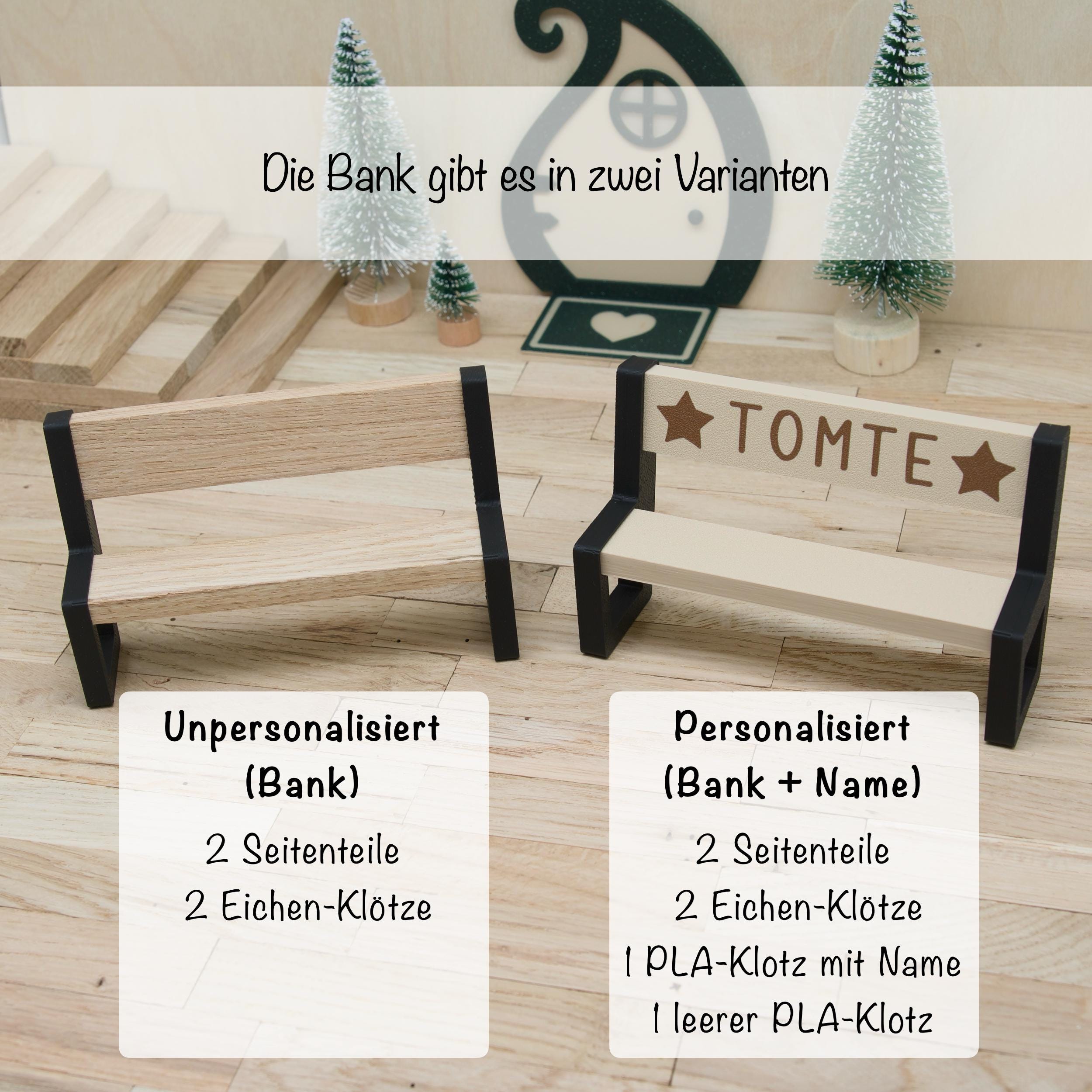 Wichtel Sitzbank mit Lehne | Miniatur-Bank aus Holz und 3D-Druck | optional mit Tisch | personalisierbar mit Namen | Zubehör für Wichteltür
