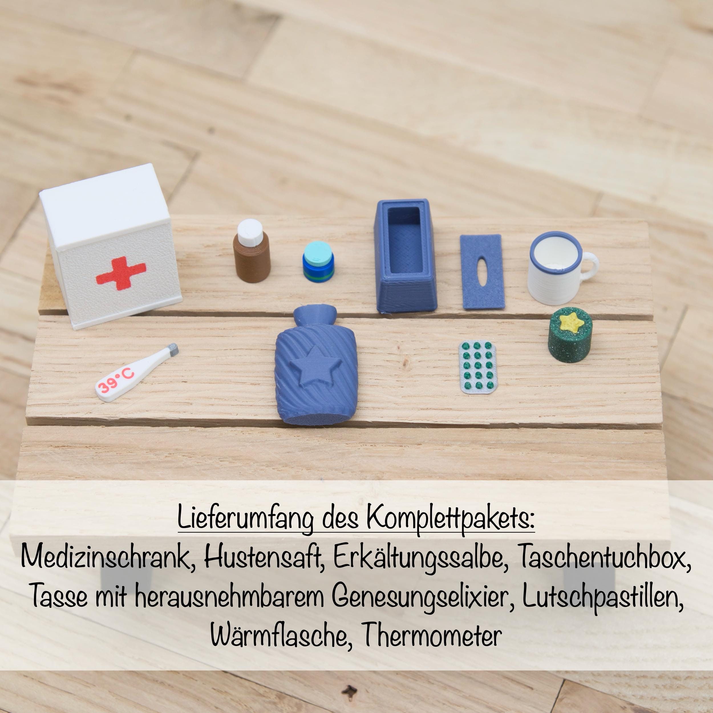 Wichtel Erkältungs-Set | Mini Arzt-Set für kranke Wichtel | mit Medizinschrank, Wärmflasche, Hustensaft | Zubehör für Wichteltür