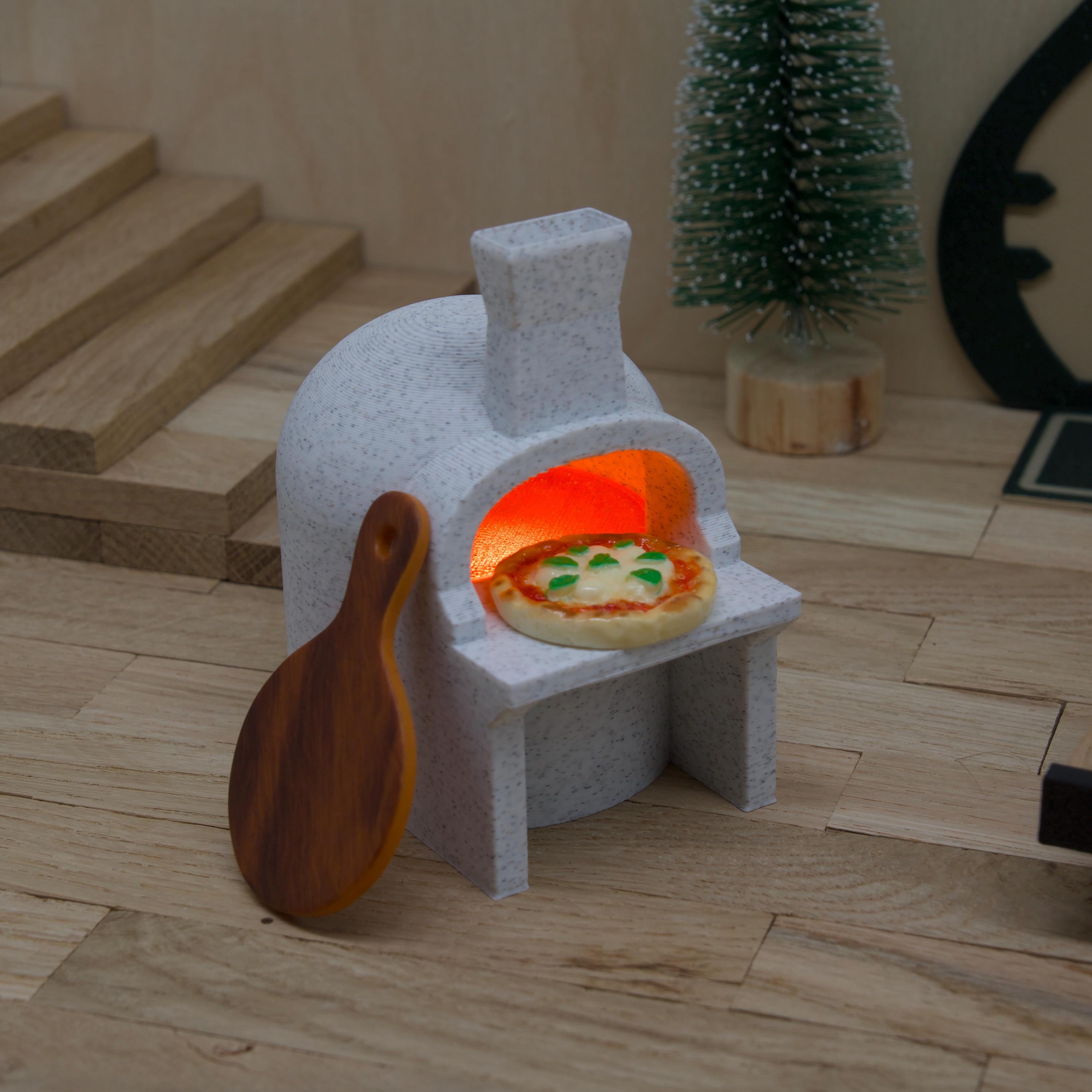 Wichtel Pizzaofen beleuchtet | Mini Pizza-Ofen mit LED-Teelicht | Marmoroptik | inkl. Pizzaschieber & Pizza | Zubehör für Wichteltür