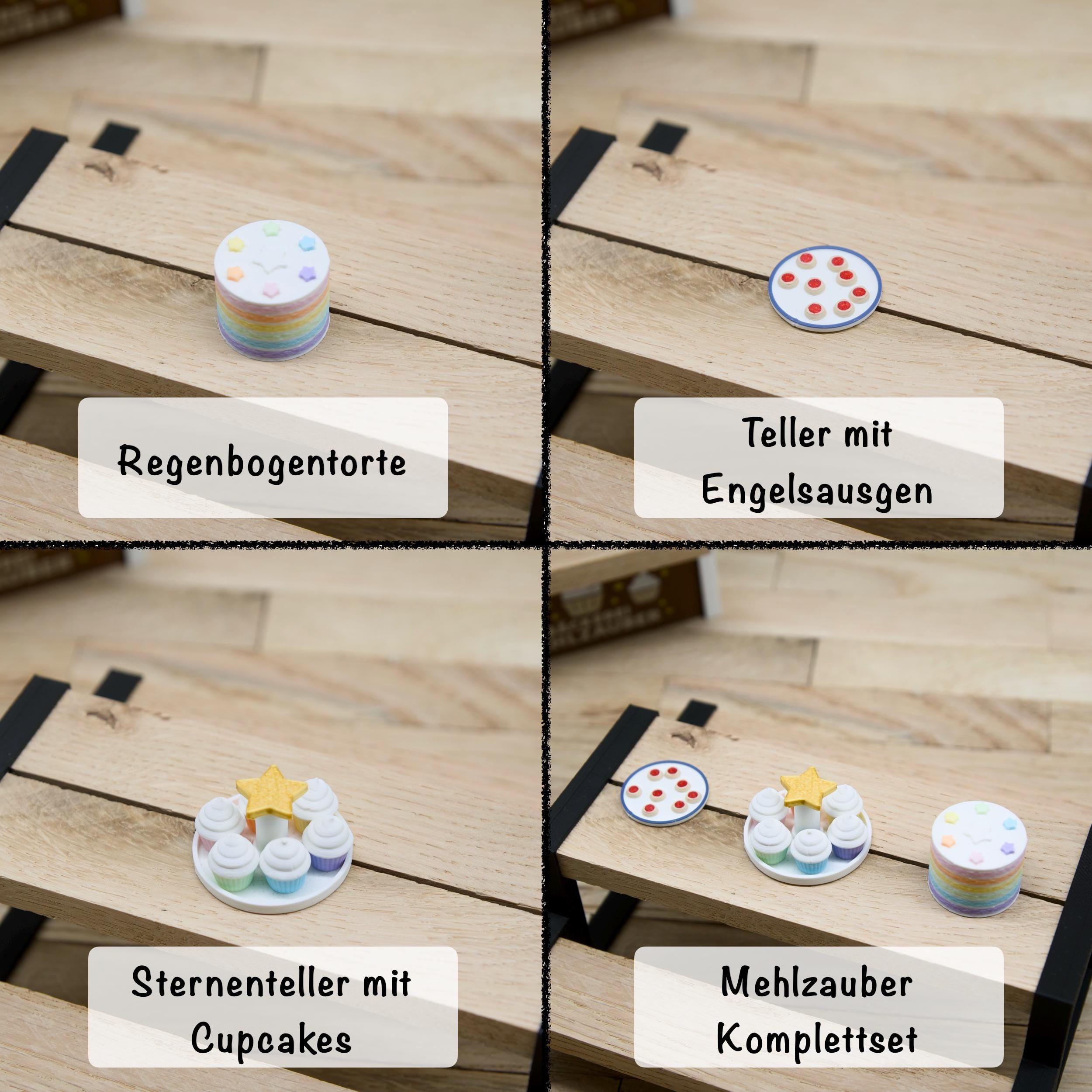 Wichtels Mehlzauber-Set | Regenbogentorte + Cupcakes + Engelsaugen | Miniatur Gebäck Set | Wichtel Essen Deko | Wichtelküche