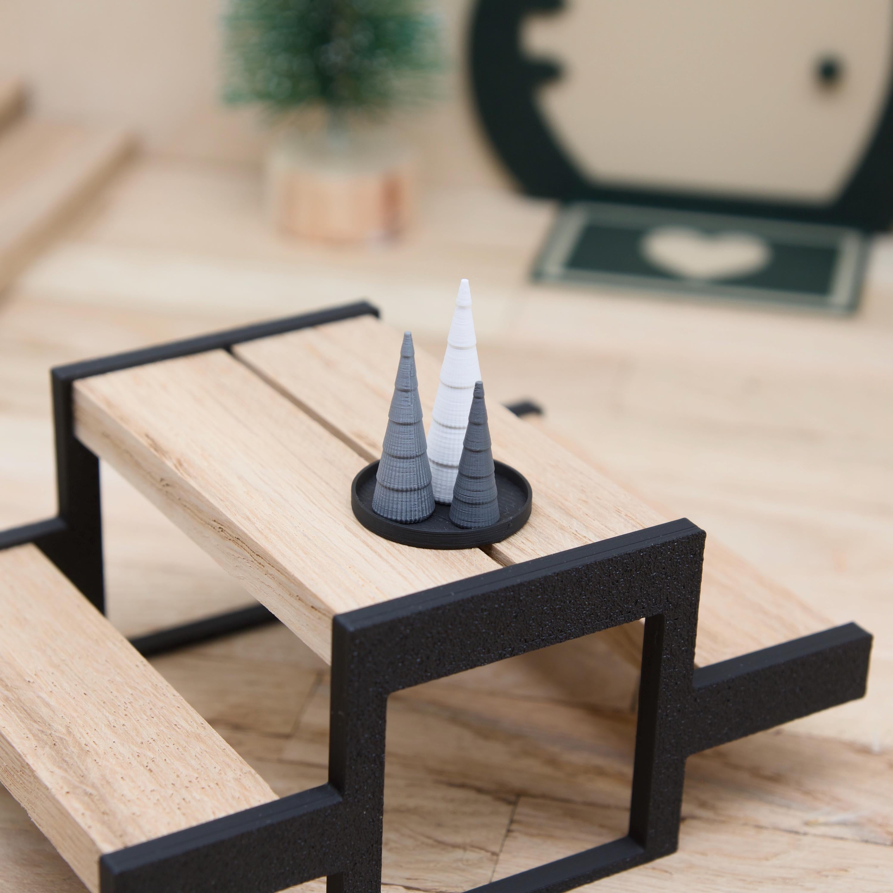 Wichtel Weihnachtsbaum Set modern | skandinavische Mini Deko Bäume geriffelt | 3 Größen + Tablett | Zubehör für Wichteltür