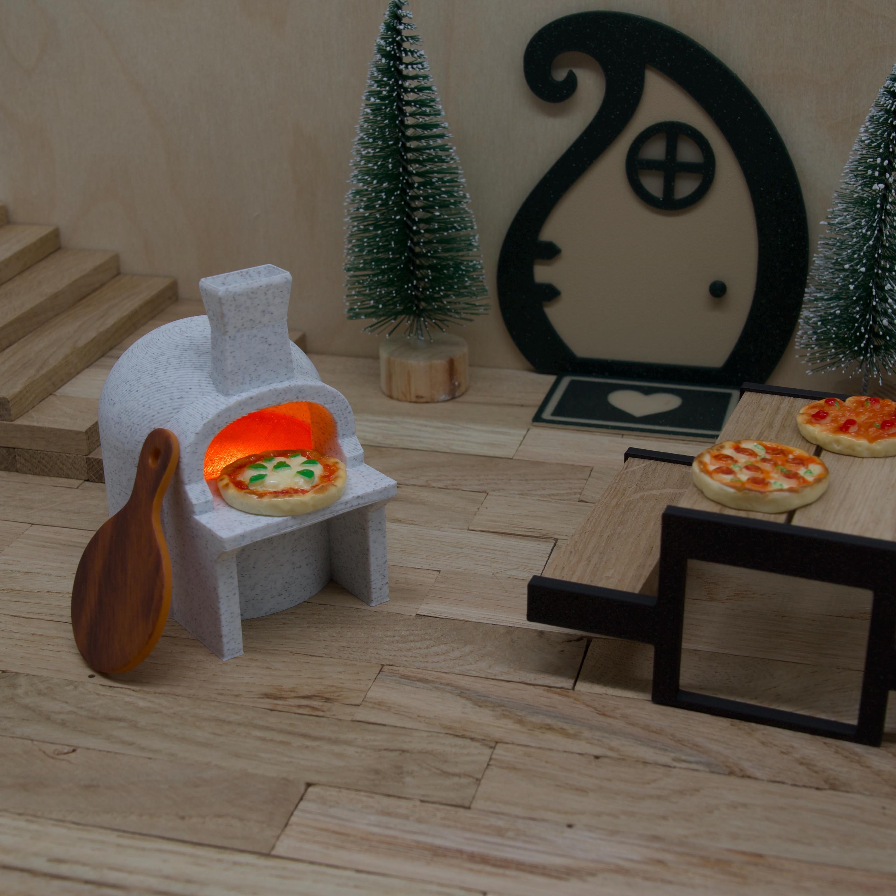 Wichtel Pizzaofen beleuchtet | Mini Pizza-Ofen mit LED-Teelicht | Marmoroptik | inkl. Pizzaschieber & Pizza | Zubehör für Wichteltür