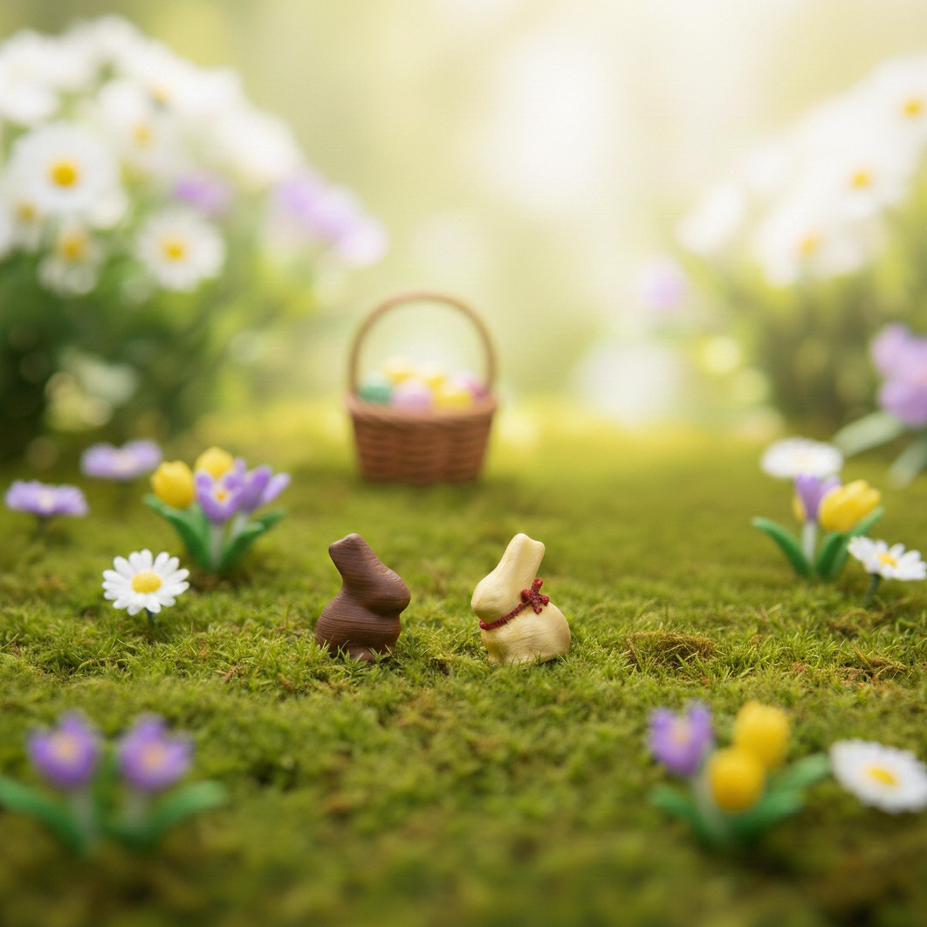 Miniatur Schokohasen Set für Wichteltür & Puppenhaus - Weiße und Braune Schokolade - Wichtel Deko zu Ostern