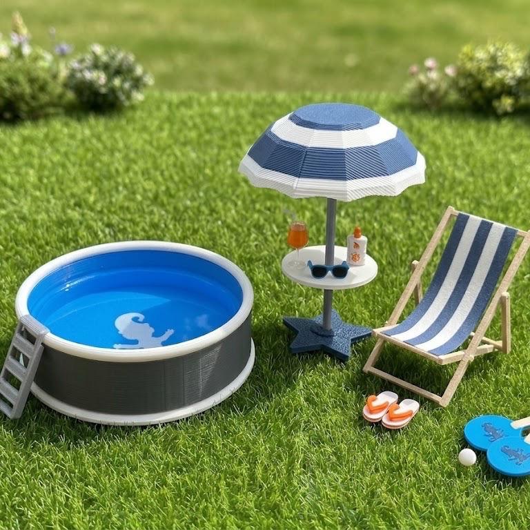 Wichtel Pool Set mit Zubehör – Sommer Deko für die Wichteltür, Pool mit Leiter, Sonnenschirm, Beachball, Sonnenbrille & Flipflop