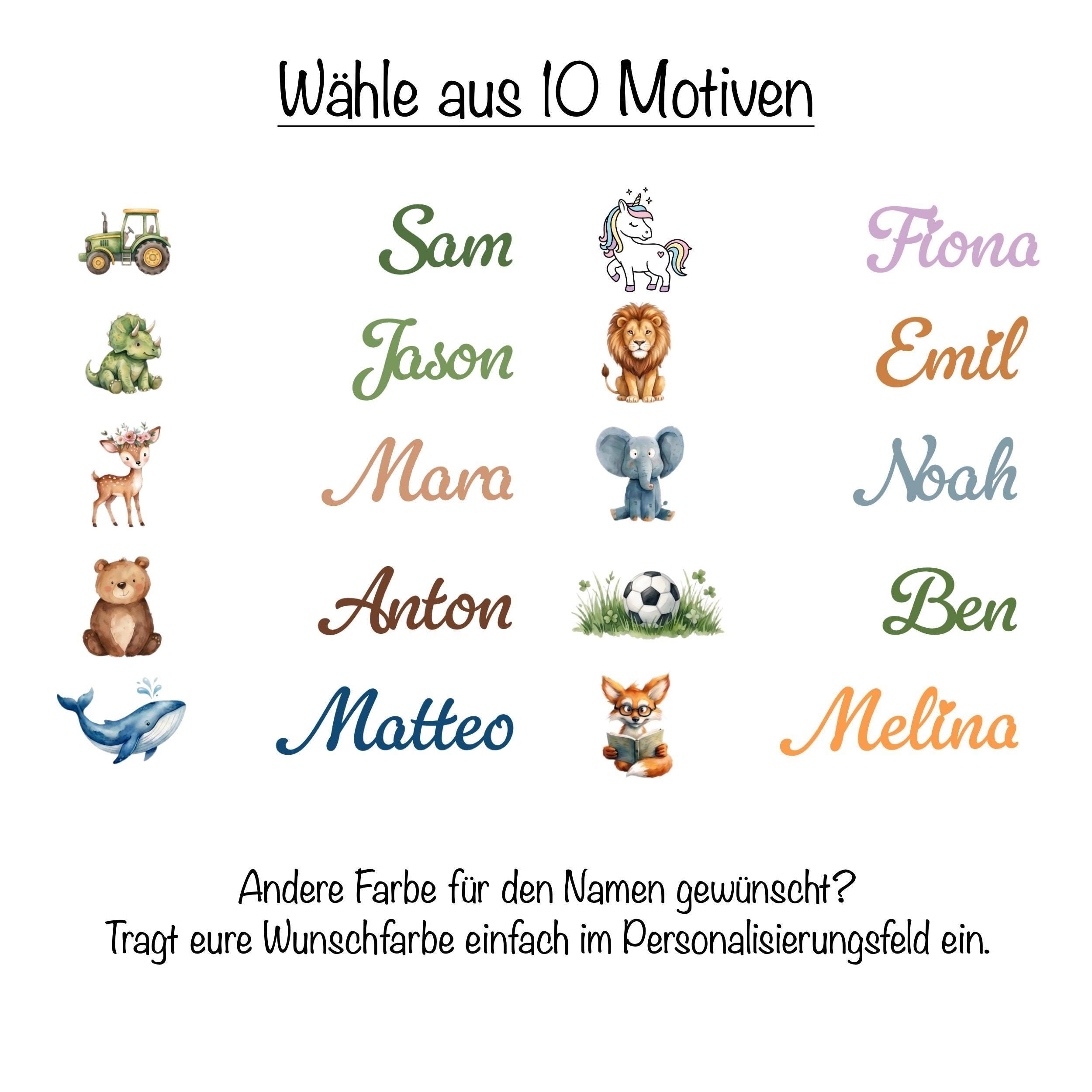 A graphic displaying ten different colorful illustrations, each paired with a name, and text in German that translates to "Choose from 10 motifs" and "Want other colors for the names? Enter your desired color in the personalization field."