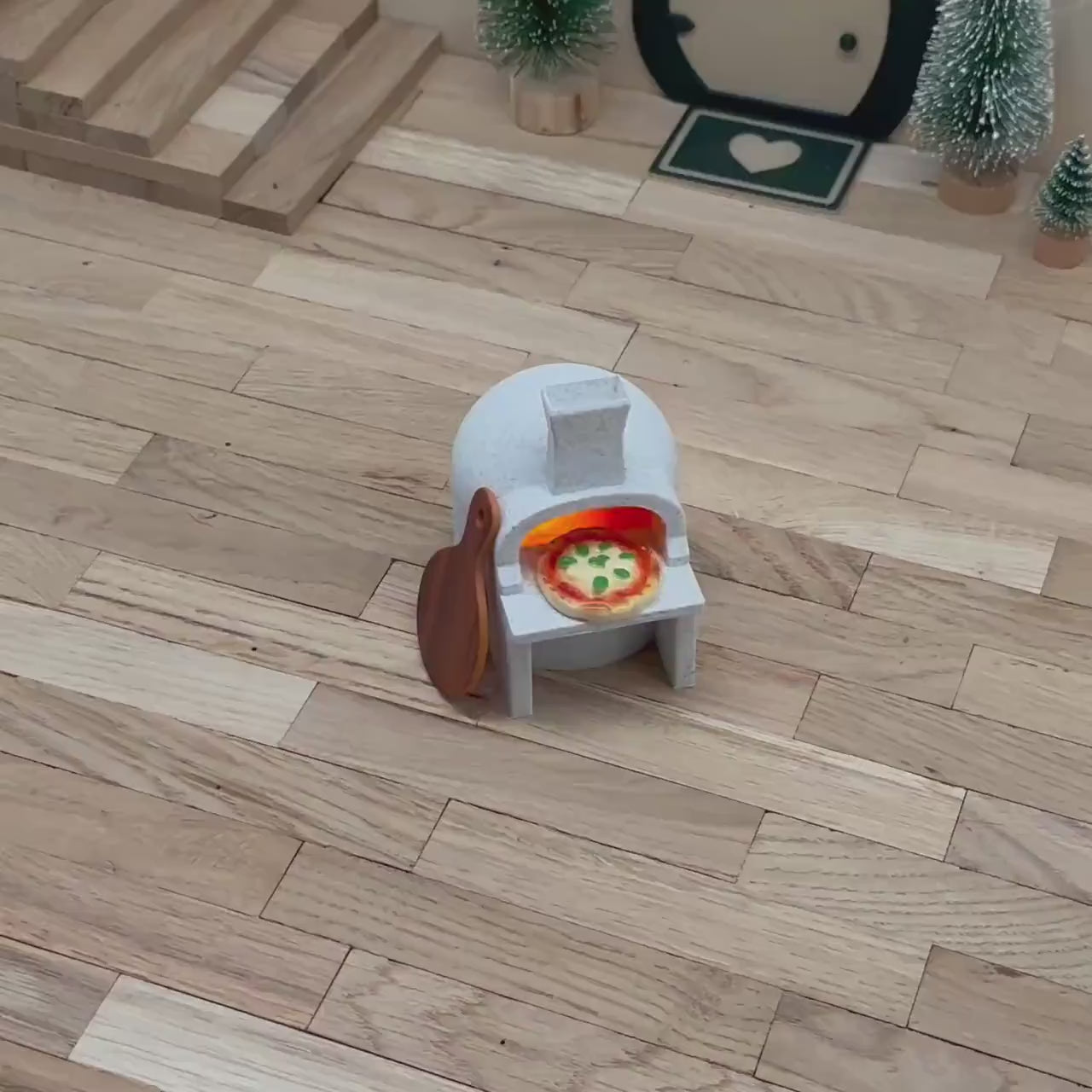 Wichtel Pizzaofen beleuchtet | Mini Pizza-Ofen mit LED-Teelicht | Marmoroptik | inkl. Pizzaschieber & Pizza | Zubehör für Wichteltür