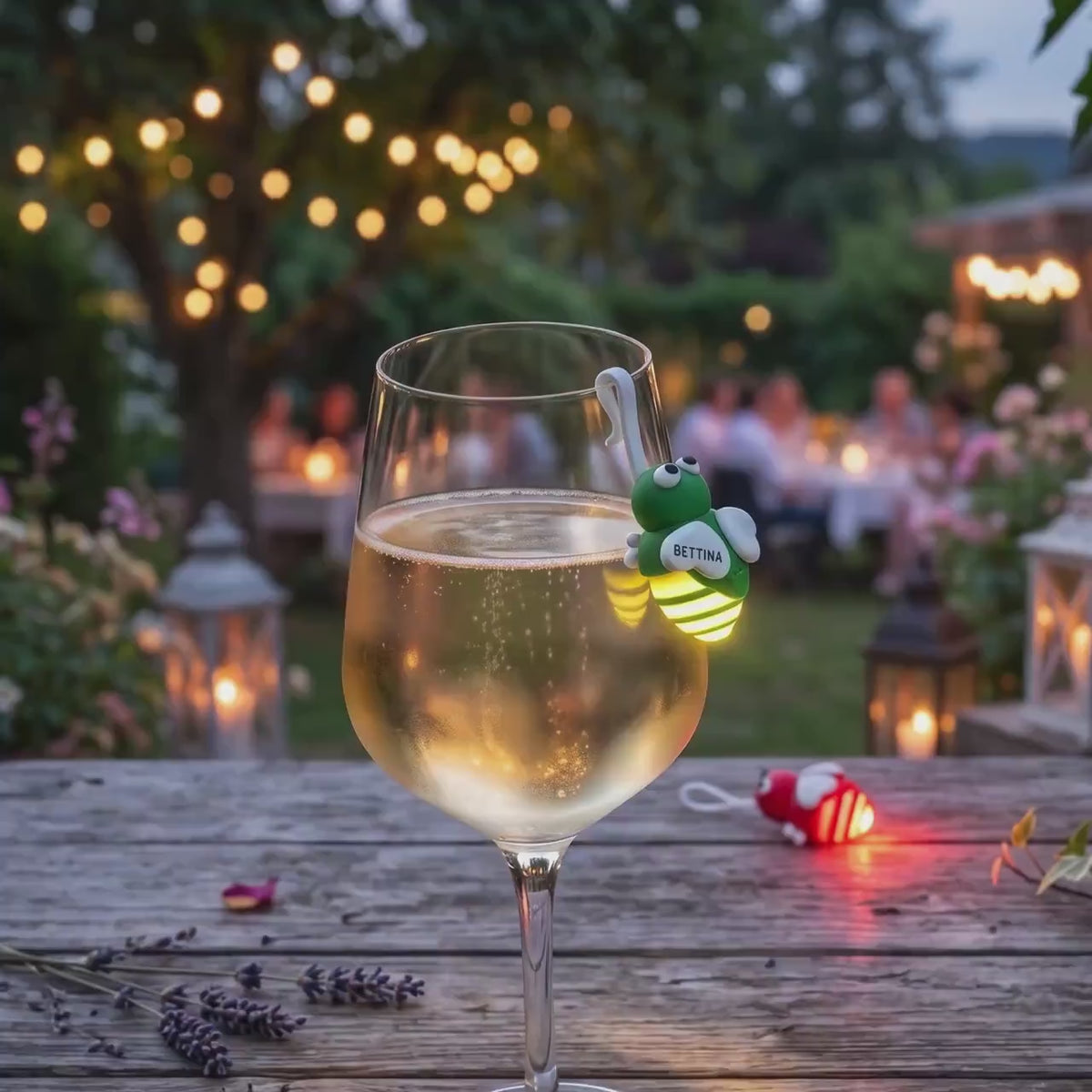 Glasmarkierer Glühwürmchen Irmchen personalisiert mit LED Licht | Platzkarte Hochzeit | Gastgeschenk Geburtstag | Namensschild Glas Spritz